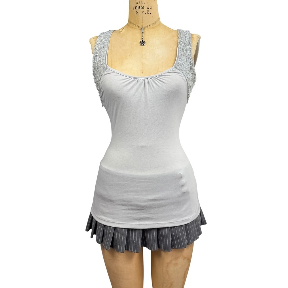 Y2K Beaded Embellished Gray Tank Top Gathered Scoop Neck Sleek Cyber Indie Small